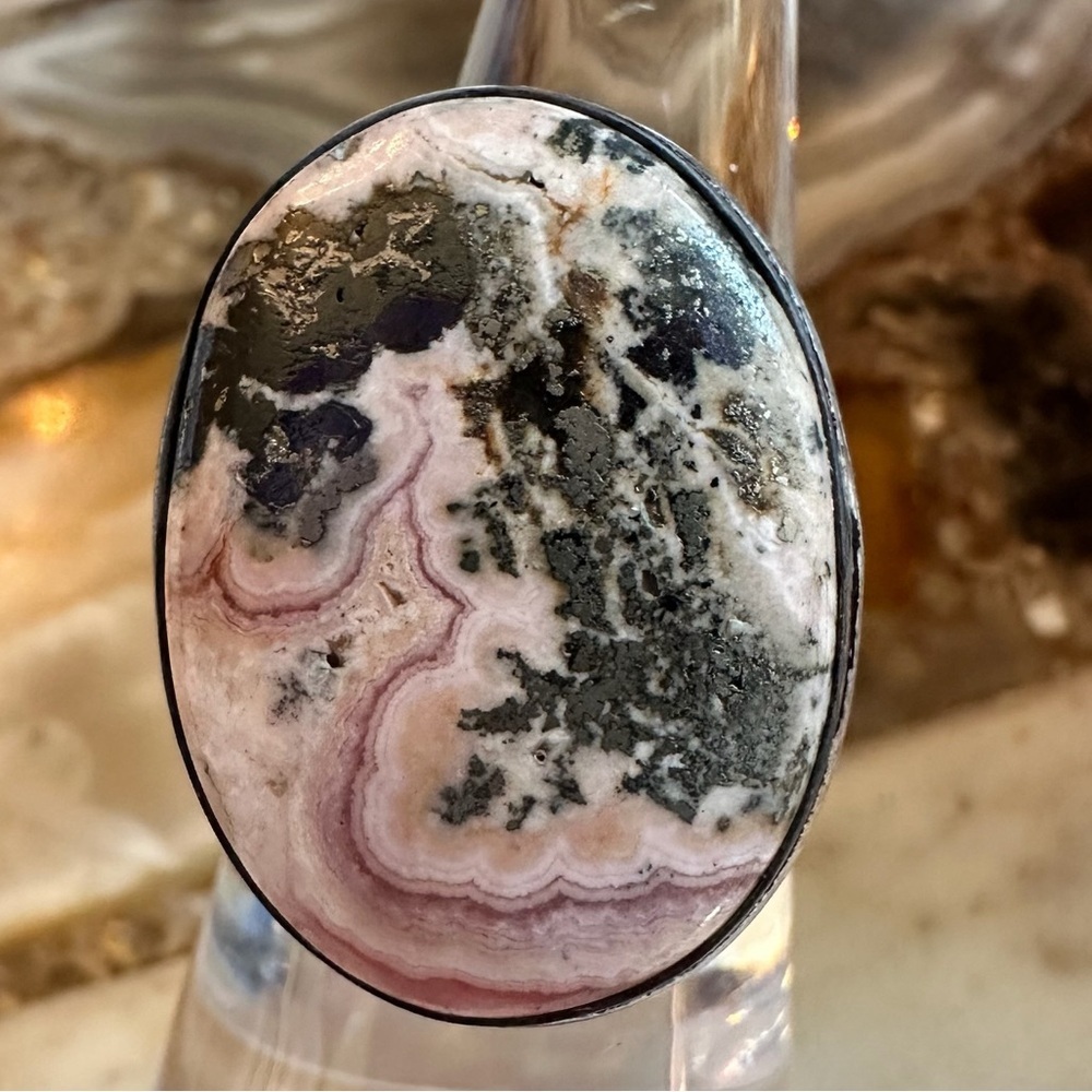 2503 Artisan Pyrite In Rhodochrosite Stone Silver Ring